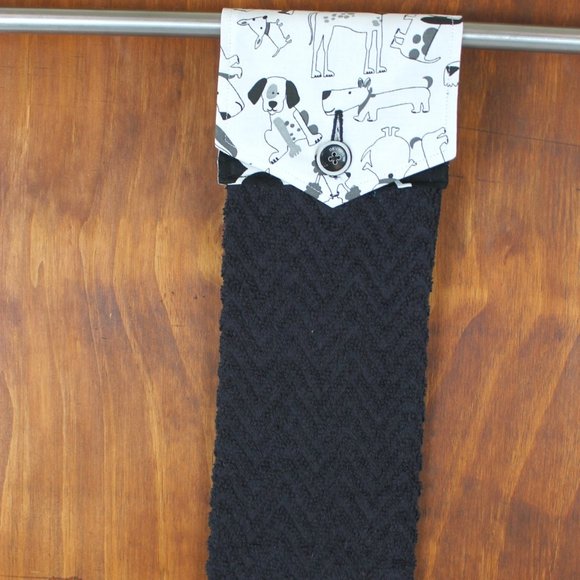 DOG NOVELTY PRINT BLACK & WHITE HANDMADE HANGING KITCHEN BLACK COTTON TOWEL - Picture 2 of 4